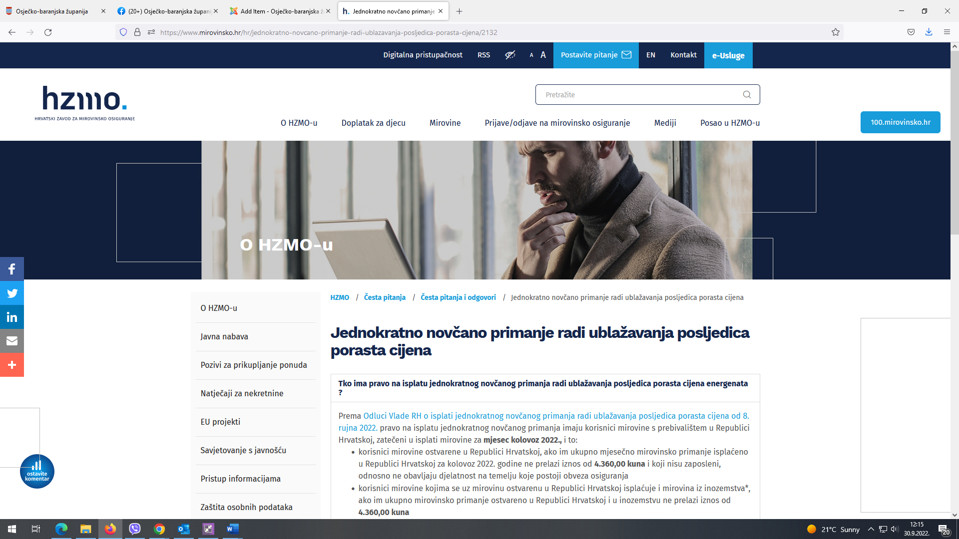 Jednokratno novčano primanje korisnicima mirovine radi ublažavanja posljedica porasta cijena
