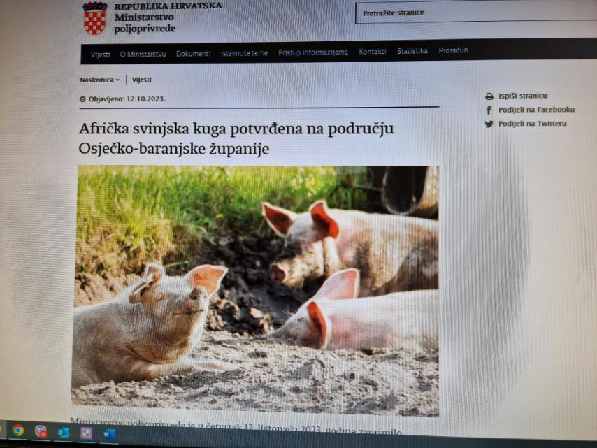 Afrička svinjska kuga potvrđena na području Osječko-baranjske županije